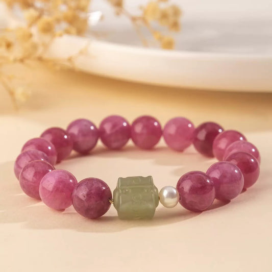 Natural Rose Stone and Hetian Jade Bracelet