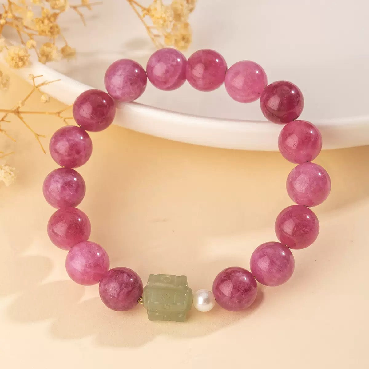 Natural Rose Stone and Hetian Jade Bracelet