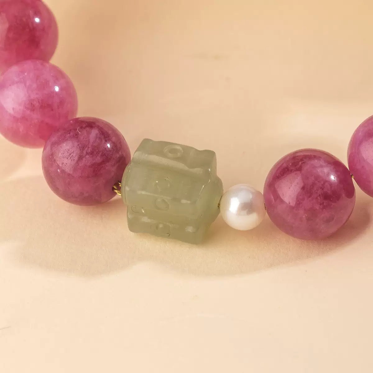 Natural Rose Stone and Hetian Jade Bracelet