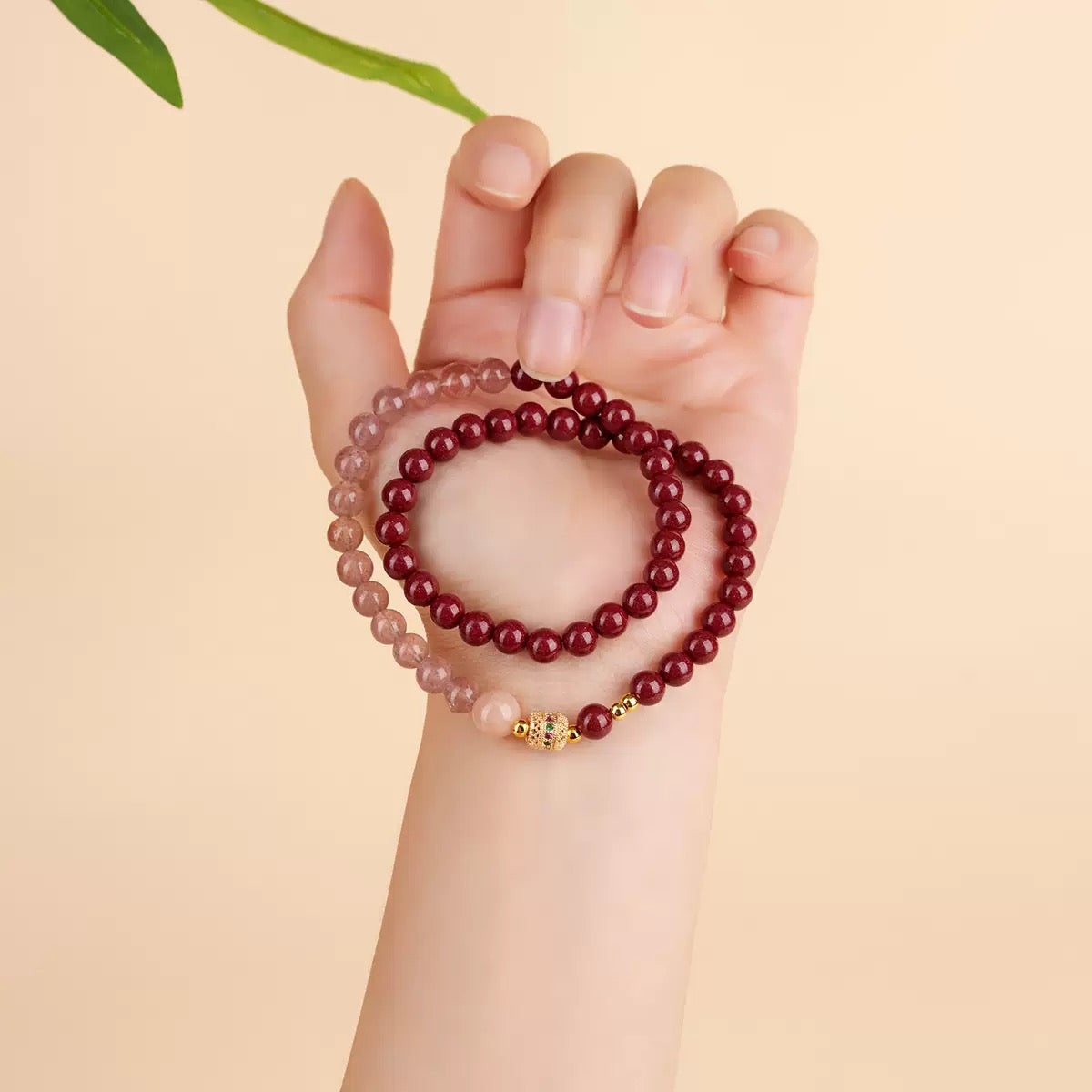 Natural raw ore cinnabar strawberry quartz bracelet