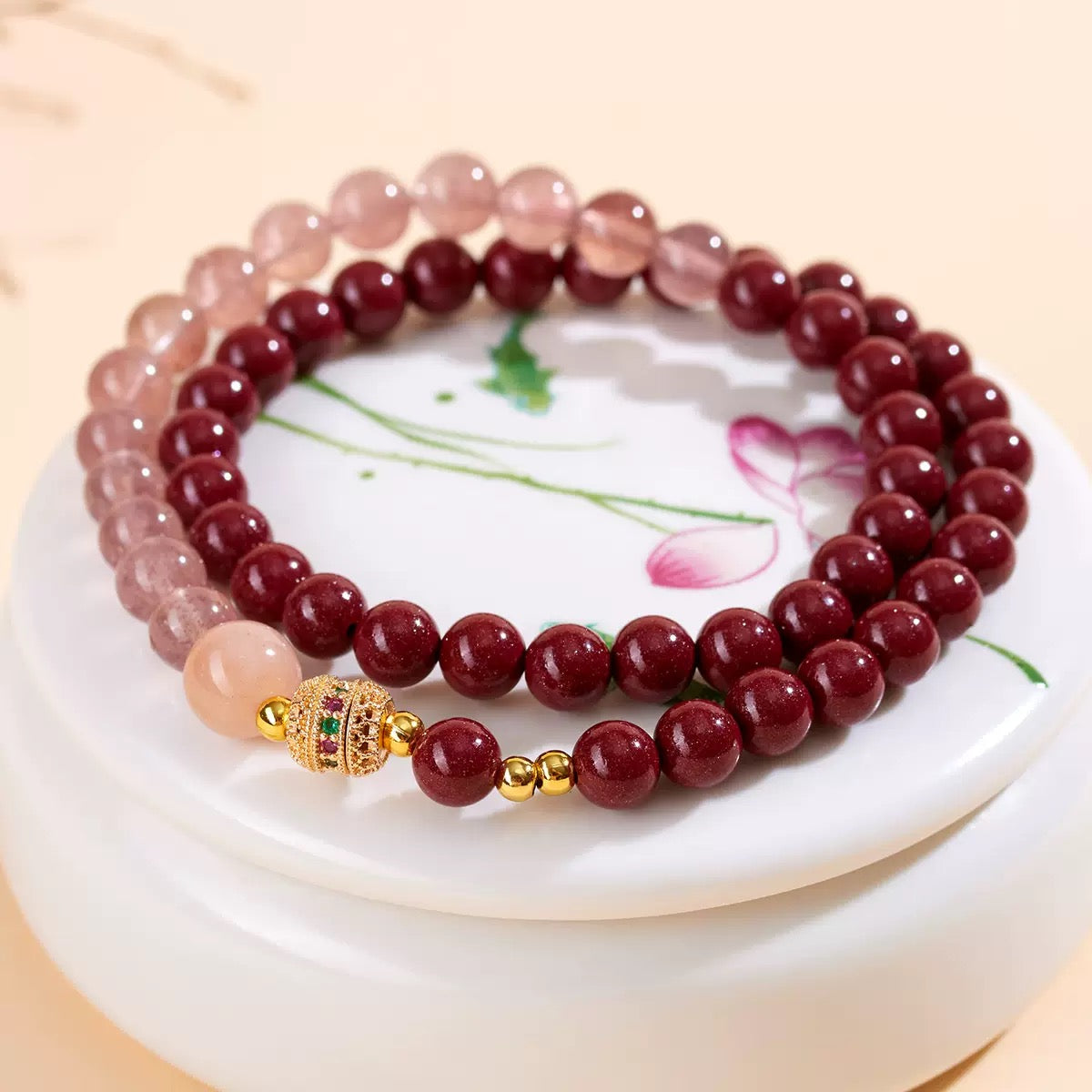 Natural raw ore cinnabar strawberry quartz bracelet