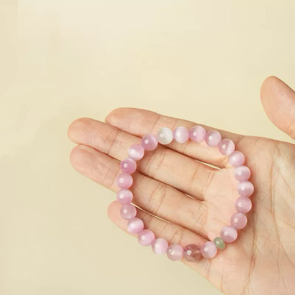 Pink Cat's Eye Stone Crystal Bracelet