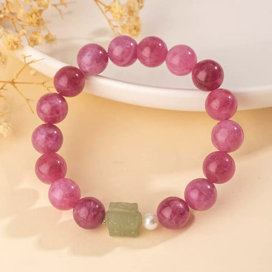 Natural Rose Stone and Hetian Jade Bracelet